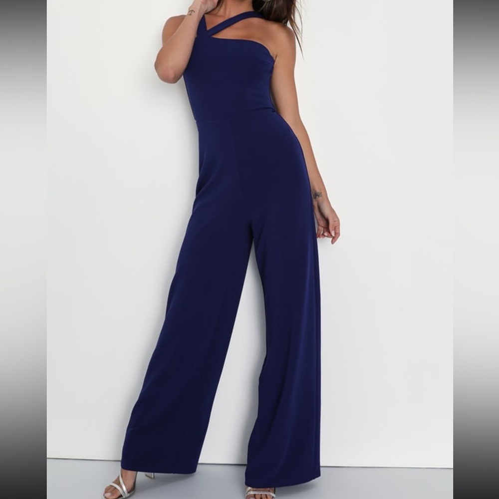Lulu’s Iconic Impulse Navy Blue Backless Wide Leg Jumpsuit NWOT